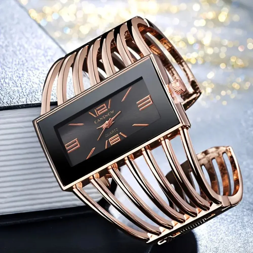 Women Rectangular Cuff Bracelet Watch Fashion Rosh Gold with Black Dial